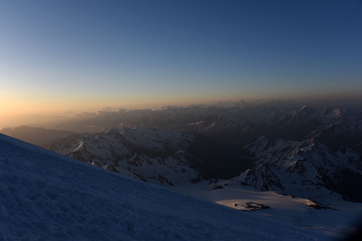 04A Sunrise On Mountains To The East Include Ullukara, Kavkaza, Bzhedukh On The Right From Mount Elbrus Climb